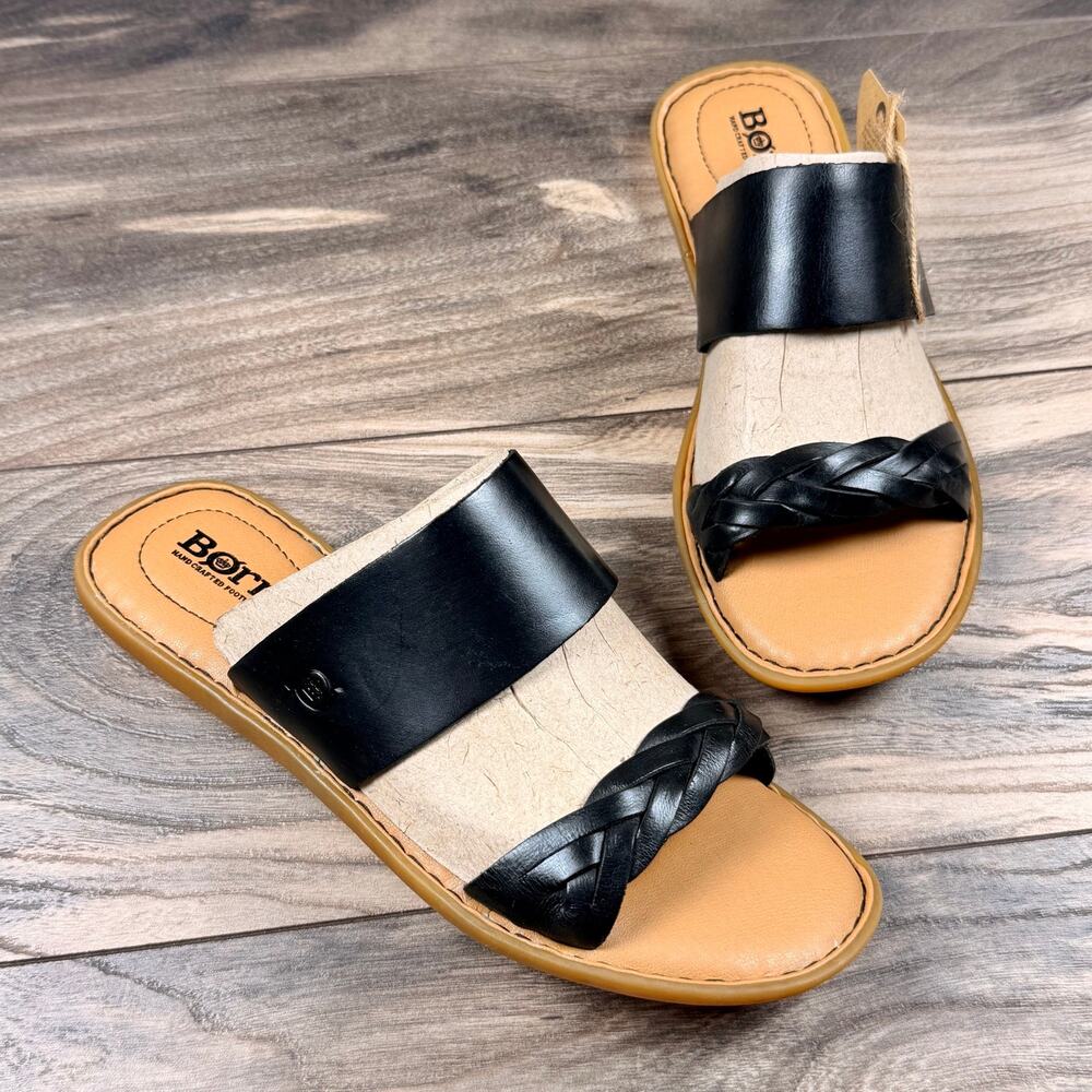 NIB Born Cherita 7M Black Leather Flat Slide Comfort Sandals